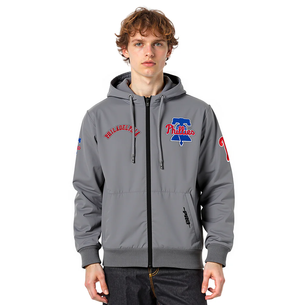 MLB PHILADELPHIA PHILLIES CLASSIC WIND SUIT MEN'S WOVEN FULL ZIP PULLOVER HOODIE (GRAY)
