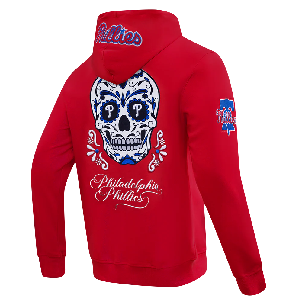 MLB PHILADELPHIA PHILLIES SUGAR SKULL MEN'S FLEECE PULLOVER HOODIE (RED) - Image 4