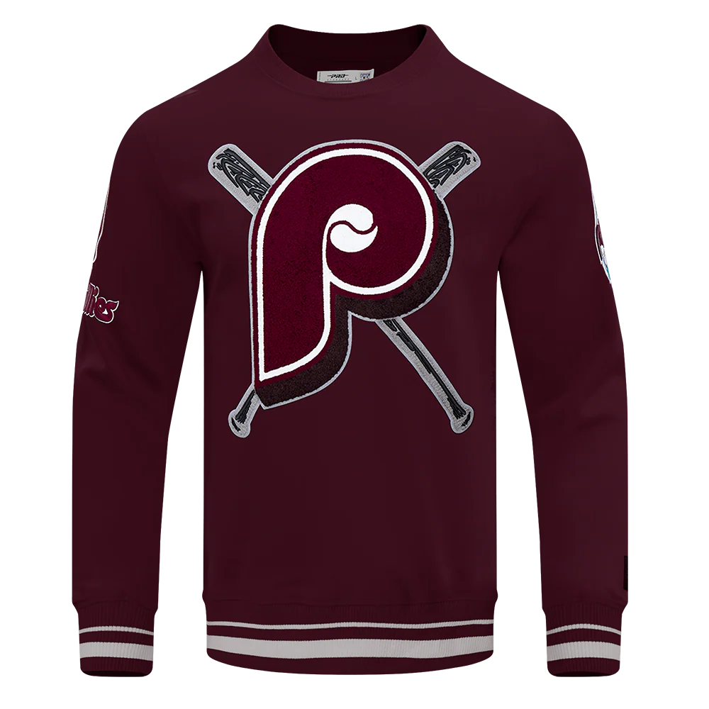 MLB PHILADELPHIA PHILLIES RETRO MASHUP MEN'S RIB CREWNECK (WINE)