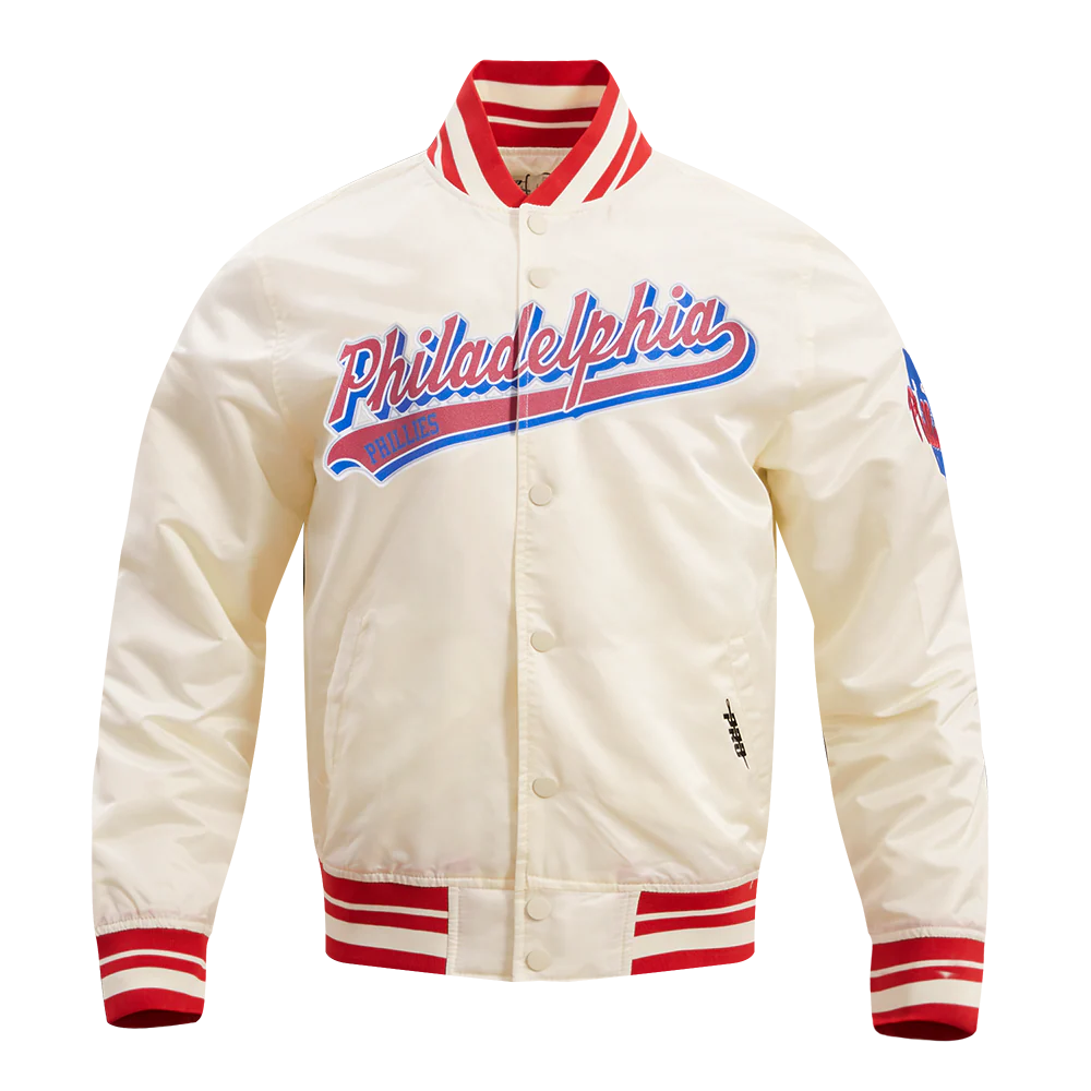 MLB PHILADELPHIA PHILLIES SCRIPT TAIL MEN'S SATIN JACKET (EGGSHELL/ RED)