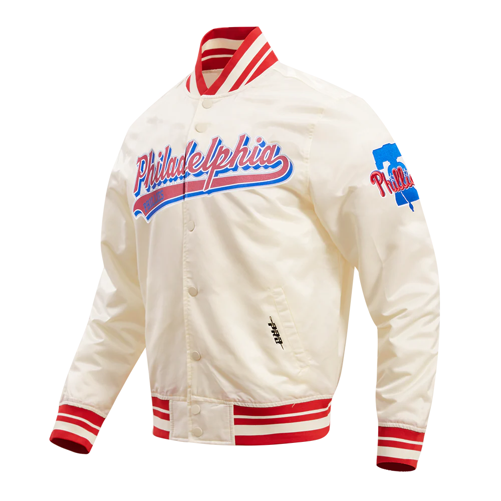 MLB PHILADELPHIA PHILLIES SCRIPT TAIL MEN'S SATIN JACKET (EGGSHELL/ RED) - Image 2