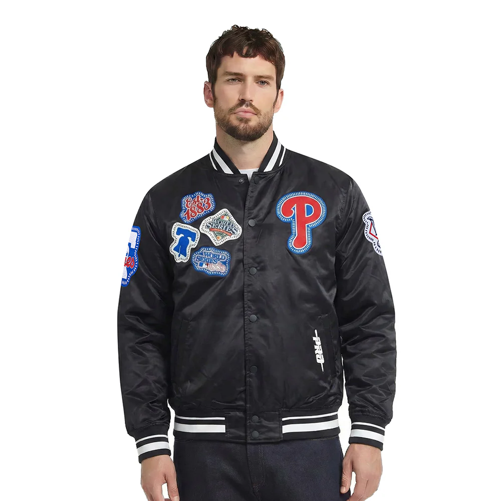 MLB PHILADELPHIA PHILLIES DIY PICK STITCH MEN'S RIB SATIN JACKET (BLACK)