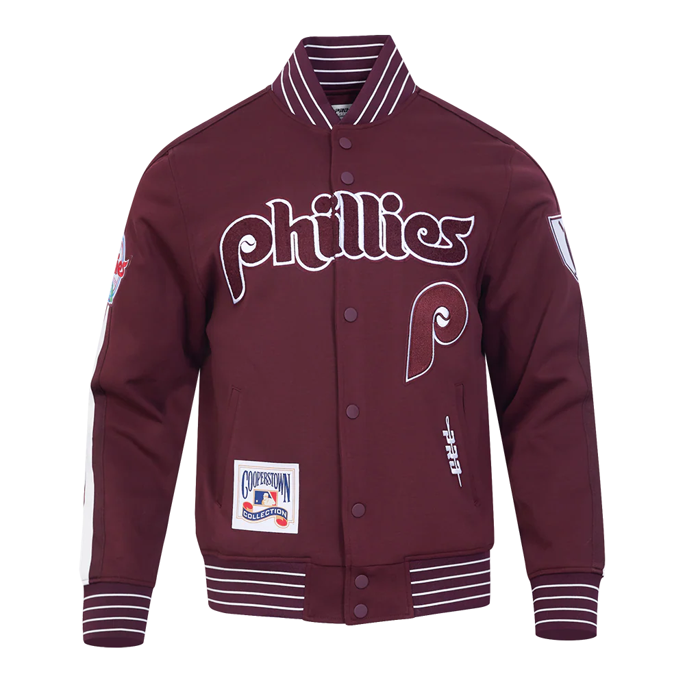 MLB PHILADELPHIA PHILLIES COOPERSTOWN LOGO PRO GAME DAY MEN'S DOUBLE KNIT JACKET (WINE/EGGSHELL/WINE)