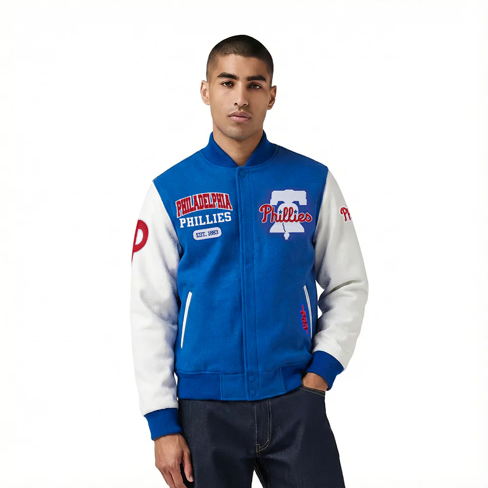 MLB PHILADELPHIA PHILLIES CITY ARCH MEN'S WOOL VARSITY JACKET (ROYAL BLUE/WHITE)