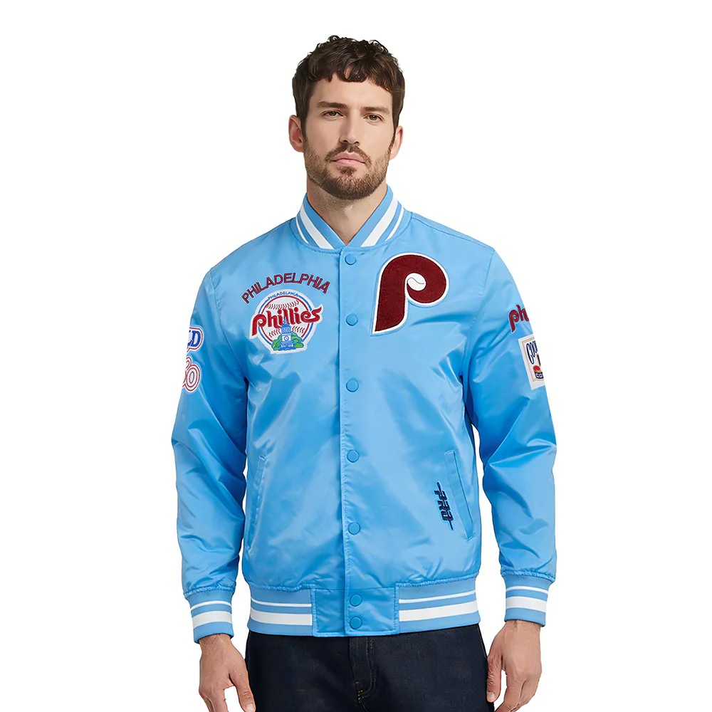 MLB PHILADELPHIA PHILLIES RETRO CLASSICS MEN'S PRO SATIN YD RIB JACKET (UNIVERSITY BLUE)