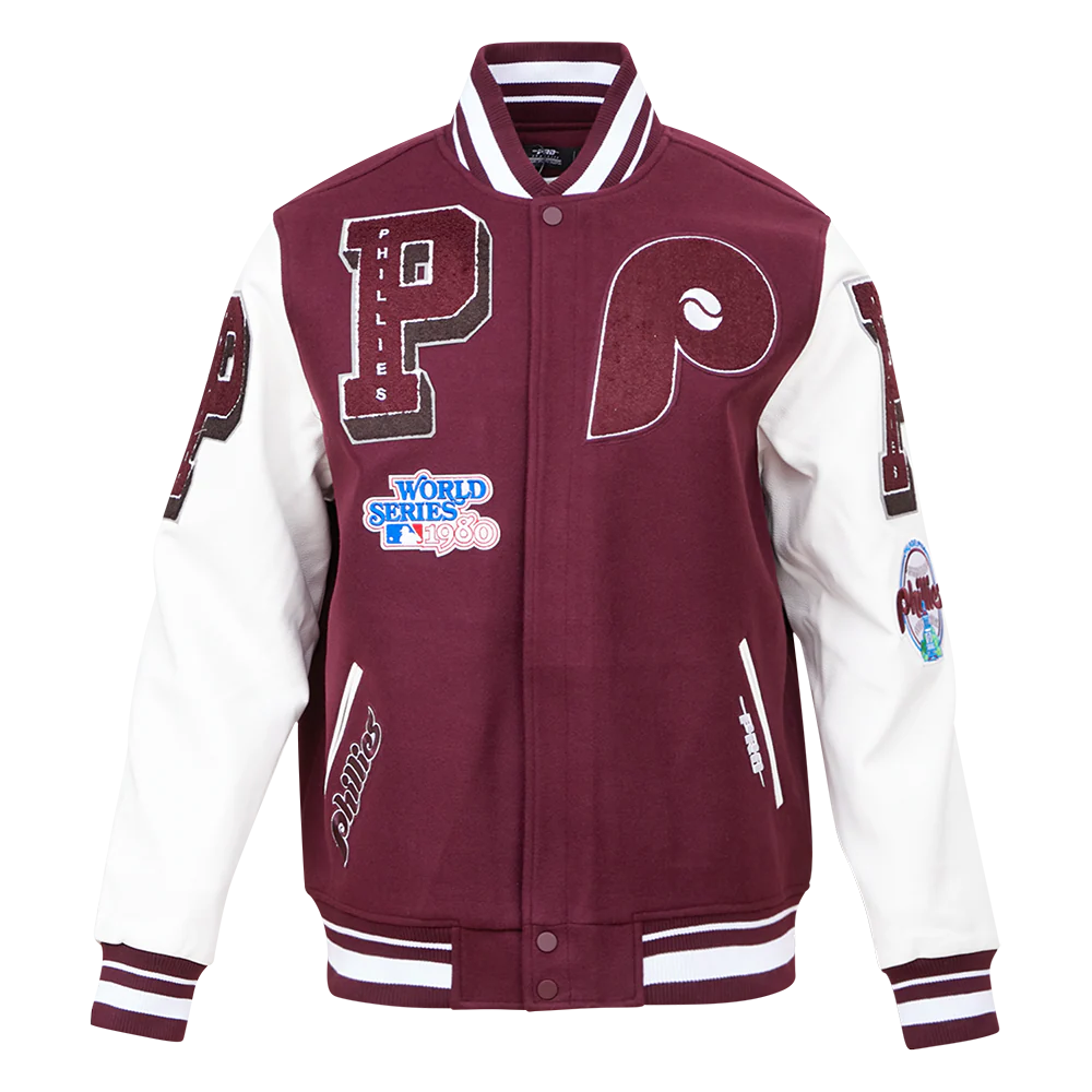 MLB PHILADELPHIA PHILLIES RETRO MASHUP MEN'S RIB WOOL VARSITY JACKET (WINE/WHITE)