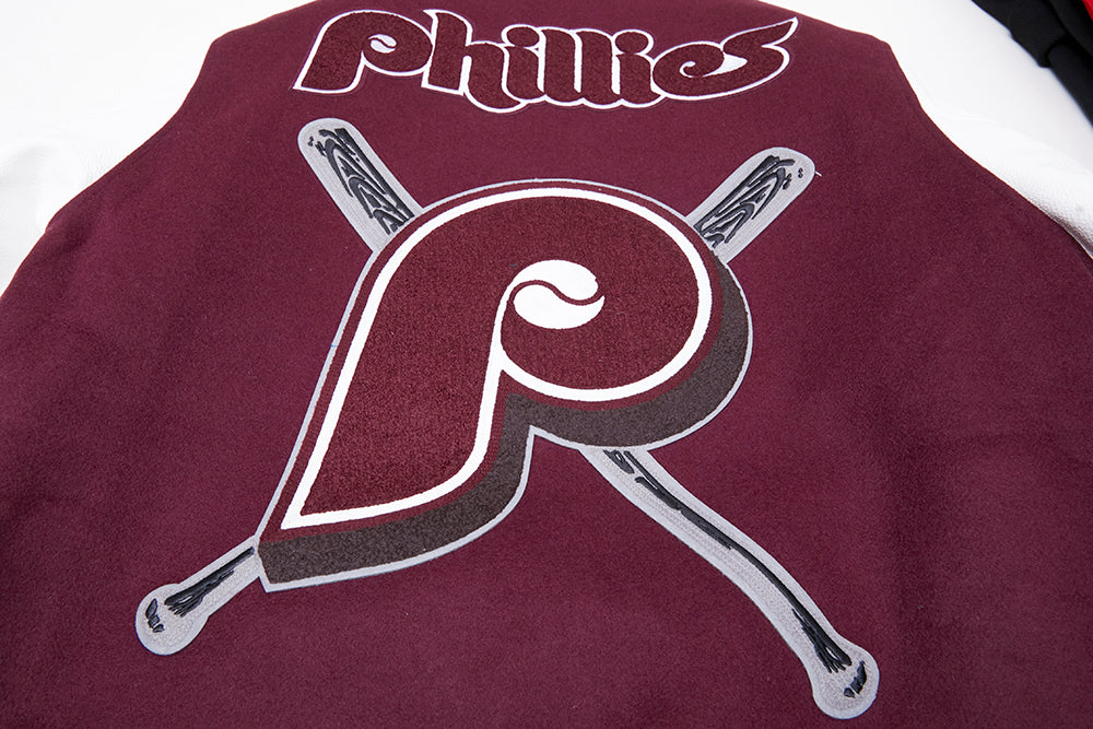 MLB PHILADELPHIA PHILLIES RETRO MASHUP MEN'S RIB WOOL VARSITY JACKET (WINE/WHITE) - Image 10
