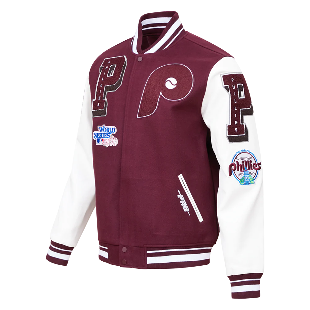 MLB PHILADELPHIA PHILLIES RETRO MASHUP MEN'S RIB WOOL VARSITY JACKET (WINE/WHITE) - Image 2