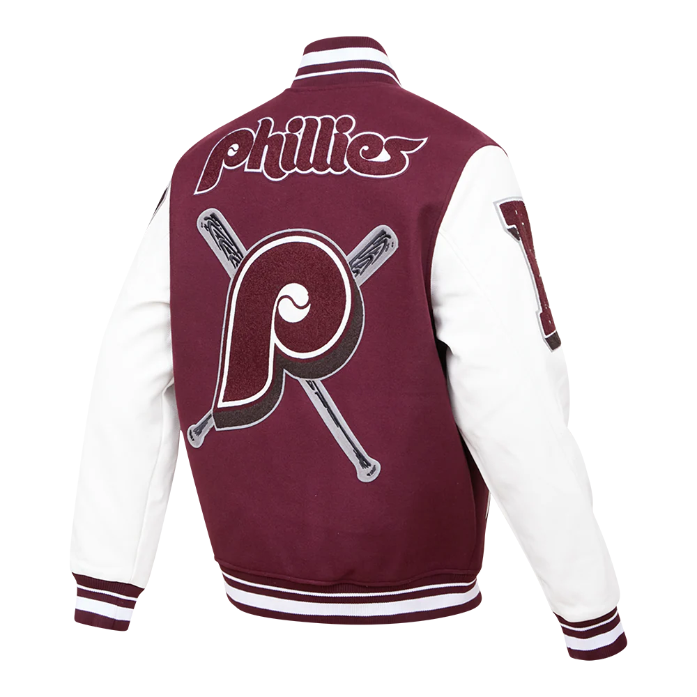 MLB PHILADELPHIA PHILLIES RETRO MASHUP MEN'S RIB WOOL VARSITY JACKET (WINE/WHITE) - Image 3