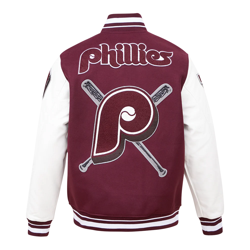MLB PHILADELPHIA PHILLIES RETRO MASHUP MEN'S RIB WOOL VARSITY JACKET (WINE/WHITE) - Image 4