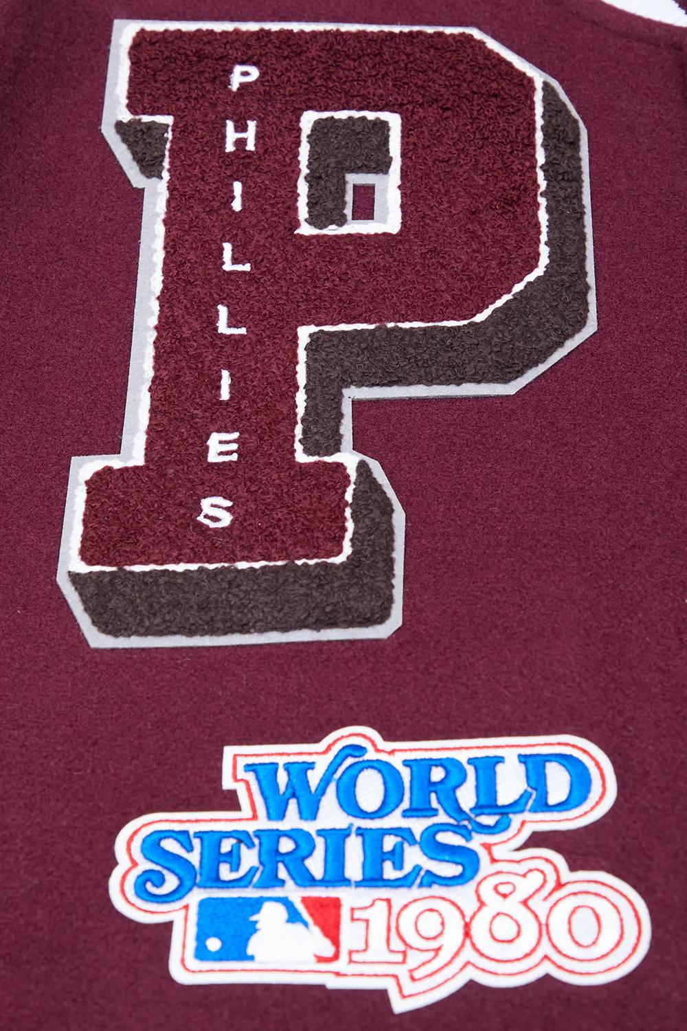 MLB PHILADELPHIA PHILLIES RETRO MASHUP MEN'S RIB WOOL VARSITY JACKET (WINE/WHITE) - Image 5
