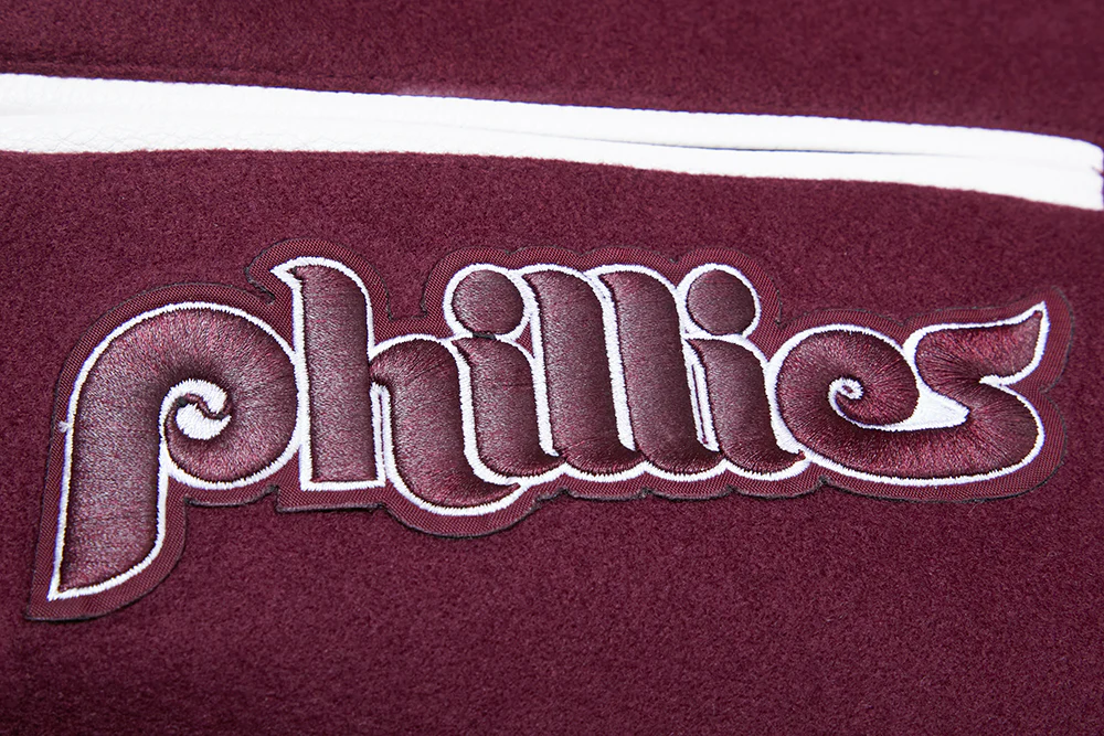 MLB PHILADELPHIA PHILLIES RETRO MASHUP MEN'S RIB WOOL VARSITY JACKET (WINE/WHITE) - Image 7
