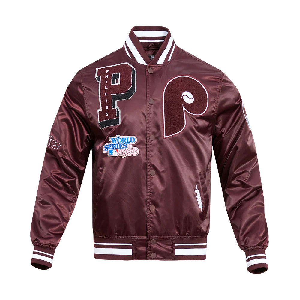 MLB PHILADELPHIA PHILLIES RETRO MASHUP MEN'S RIB SATIN JACKET (WINE)