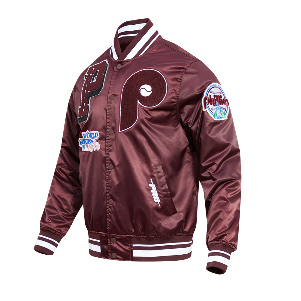 MLB PHILADELPHIA PHILLIES RETRO MASHUP MEN'S RIB SATIN JACKET (WINE) - Image 2