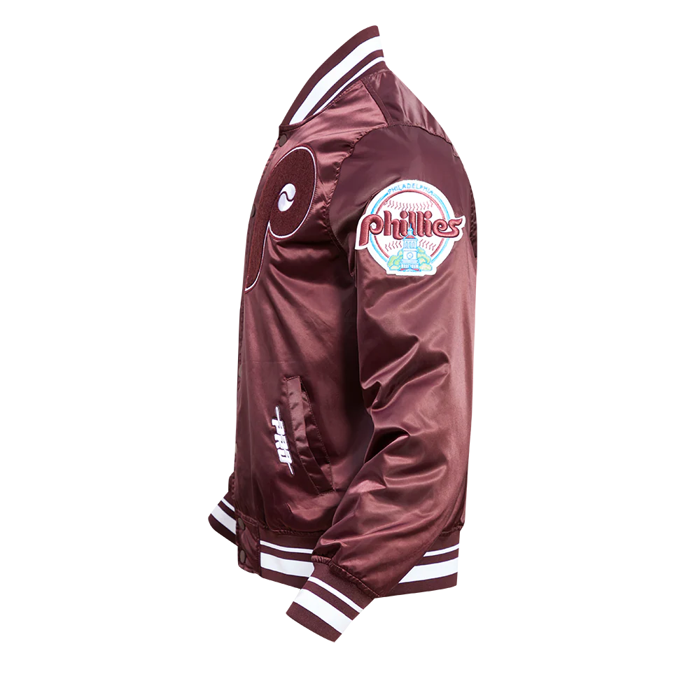 MLB PHILADELPHIA PHILLIES RETRO MASHUP MEN'S RIB SATIN JACKET (WINE) - Image 3