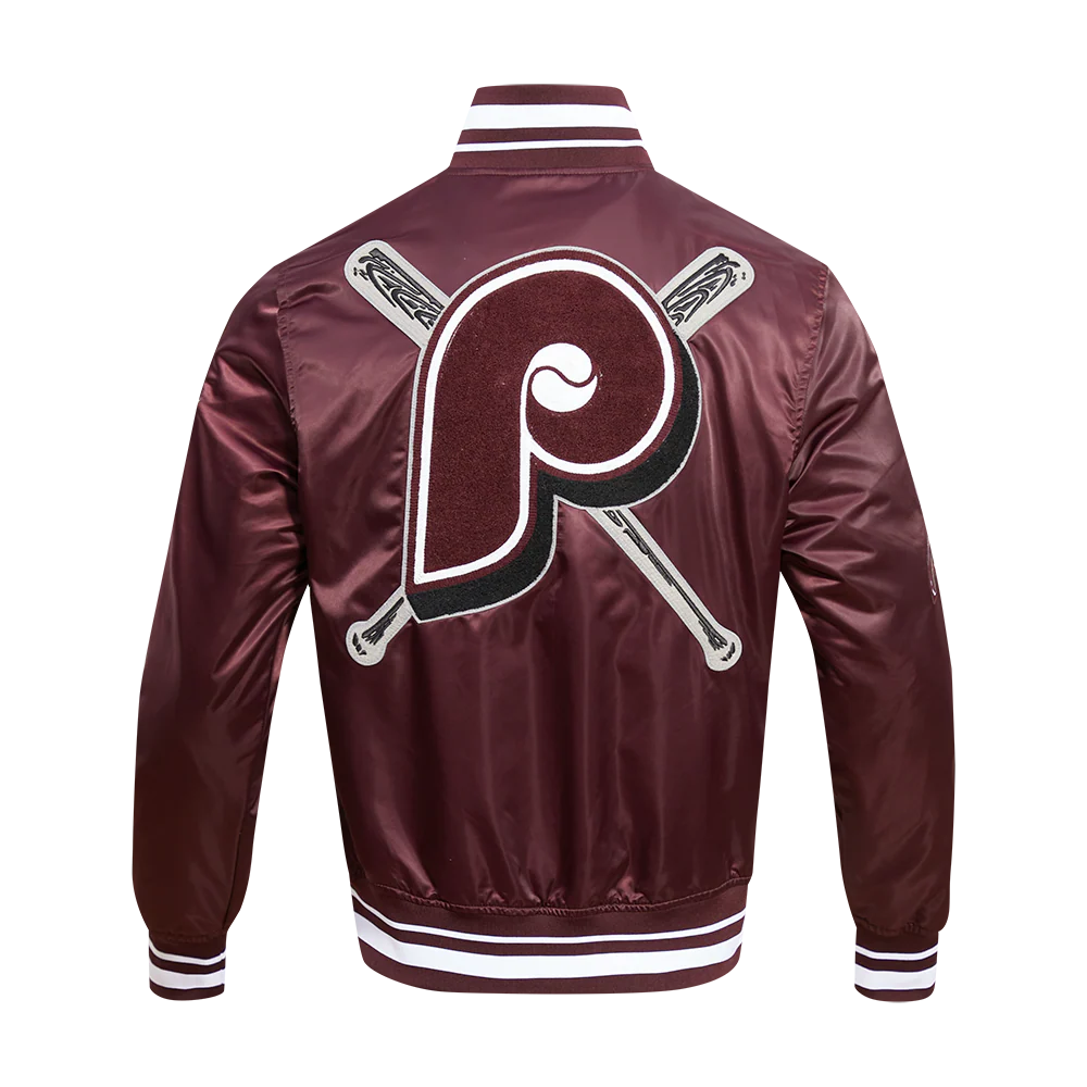 MLB PHILADELPHIA PHILLIES RETRO MASHUP MEN'S RIB SATIN JACKET (WINE) - Image 4