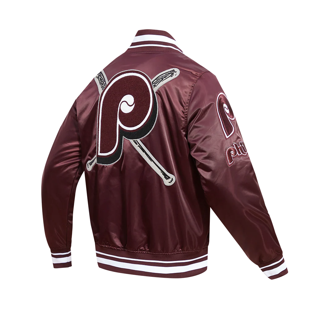 MLB PHILADELPHIA PHILLIES RETRO MASHUP MEN'S RIB SATIN JACKET (WINE) - Image 5