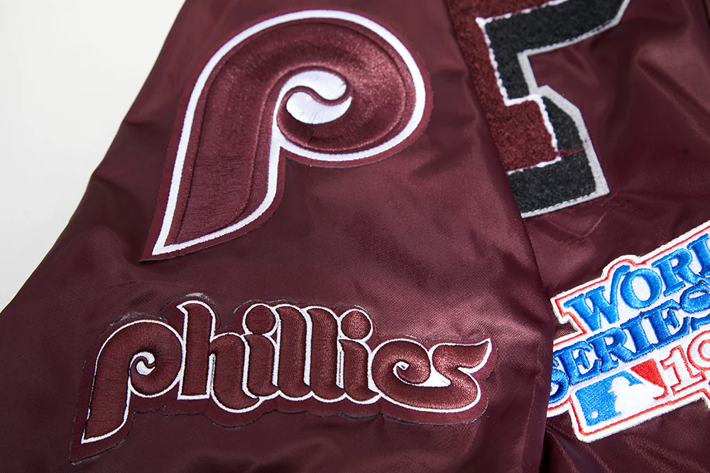 MLB PHILADELPHIA PHILLIES RETRO MASHUP MEN'S RIB SATIN JACKET (WINE) - Image 7