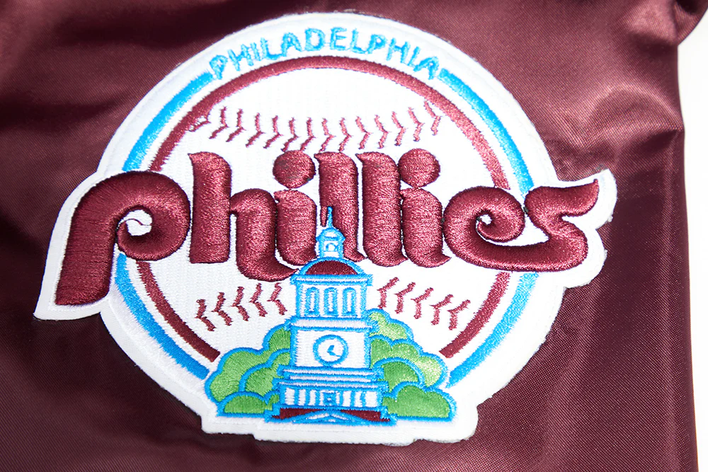 MLB PHILADELPHIA PHILLIES RETRO MASHUP MEN'S RIB SATIN JACKET (WINE) - Image 8