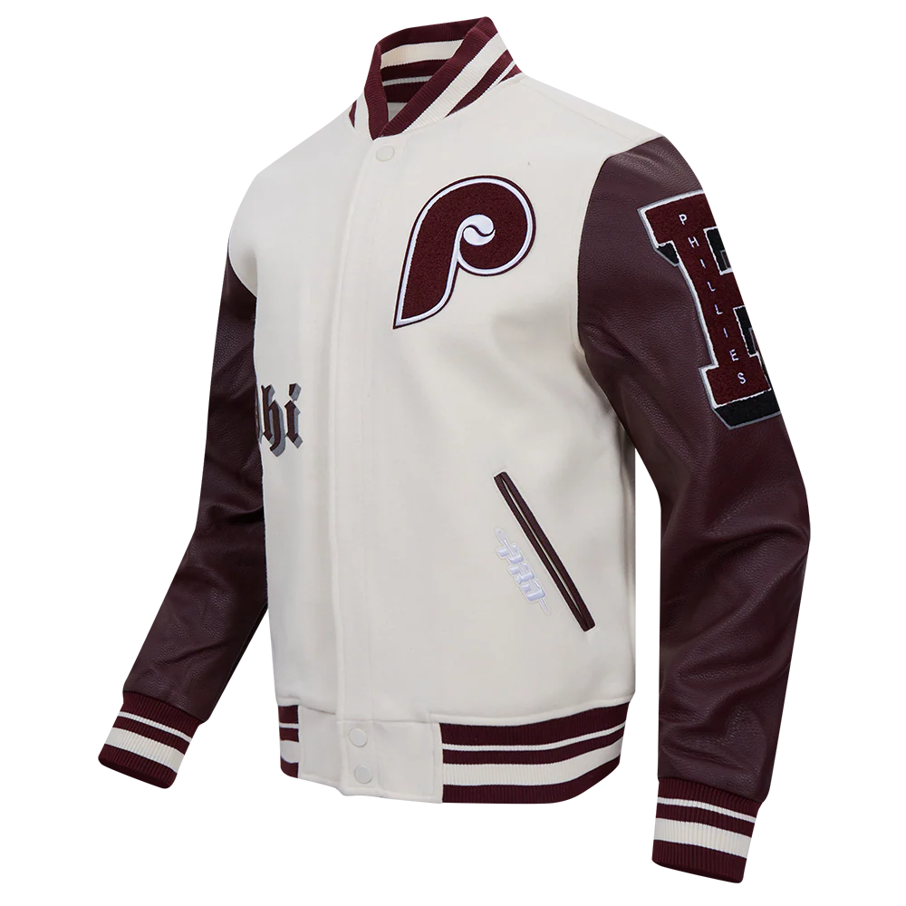 MLB PHILADELPHIA PHILLIES RETRO OLD ENGLISH MEN'S RIB WOOL VARSITY JACKET (EGGSHELL/WINE) - Image 2