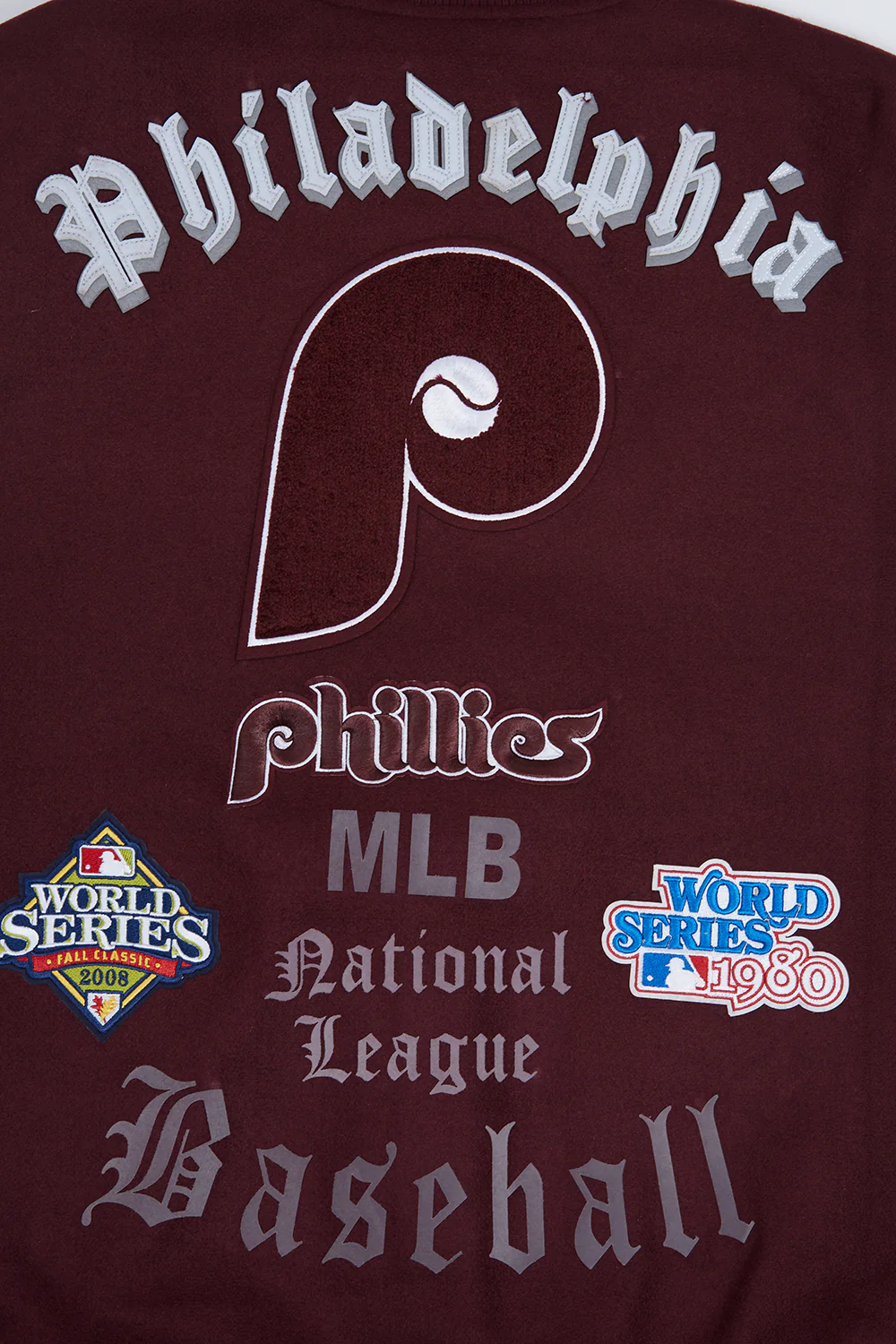 MLB PHILADELPHIA PHILLIES OLD ENGLISH WOOL MEN'S VARSITY JACKET (WINE/WHITE) - Image 14