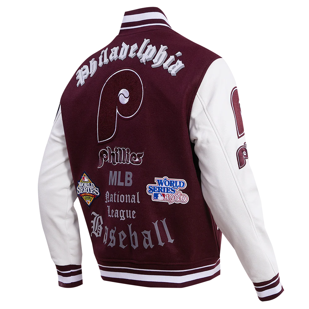MLB PHILADELPHIA PHILLIES OLD ENGLISH WOOL MEN'S VARSITY JACKET (WINE/WHITE) - Image 2