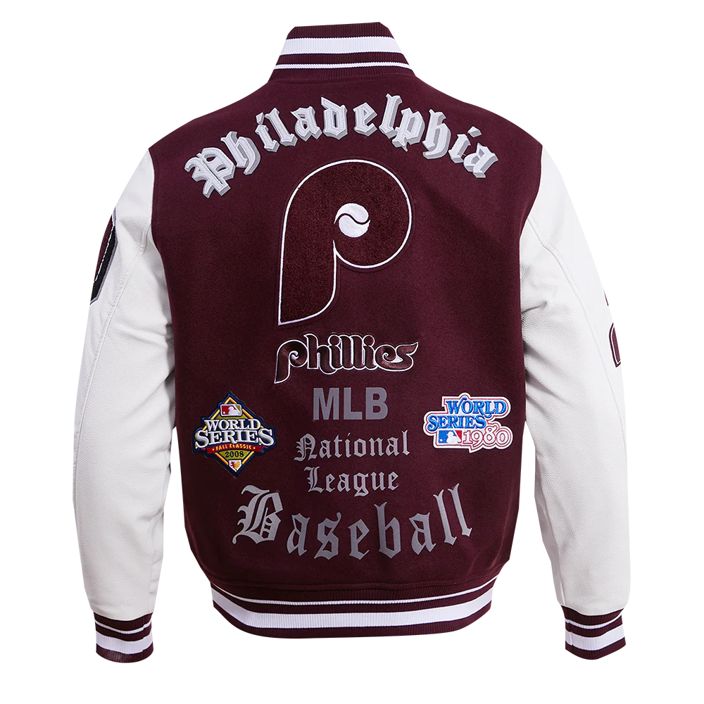 MLB PHILADELPHIA PHILLIES OLD ENGLISH WOOL MEN'S VARSITY JACKET (WINE/WHITE) - Image 4