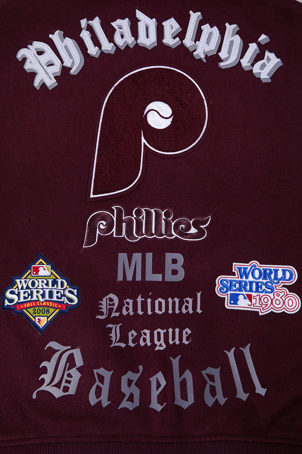 MLB PHILADELPHIA PHILLIES OLD ENGLISH WOOL MEN'S VARSITY JACKET (WINE/WHITE) - Image 5
