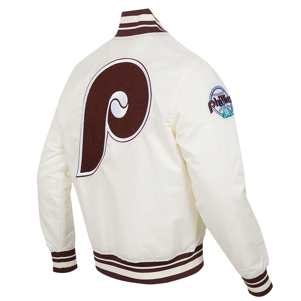 MLB PHILADELPHIA PHILLIES RETRO CLASSIC MEN'S RIB SATIN JACKET (EGGSHELL/WINE) - Image 4