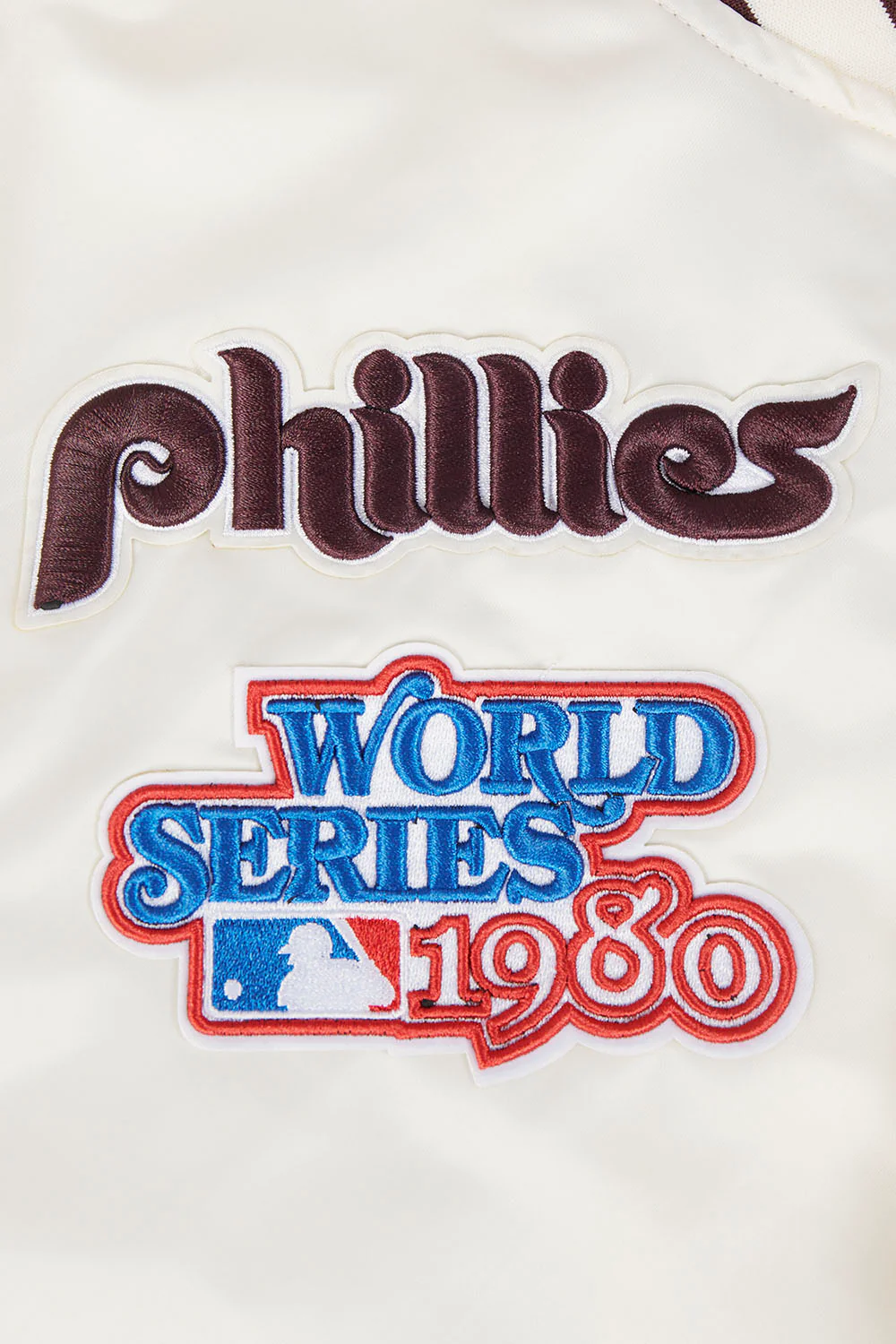 MLB PHILADELPHIA PHILLIES RETRO CLASSIC MEN'S RIB SATIN JACKET (EGGSHELL/WINE) - Image 5