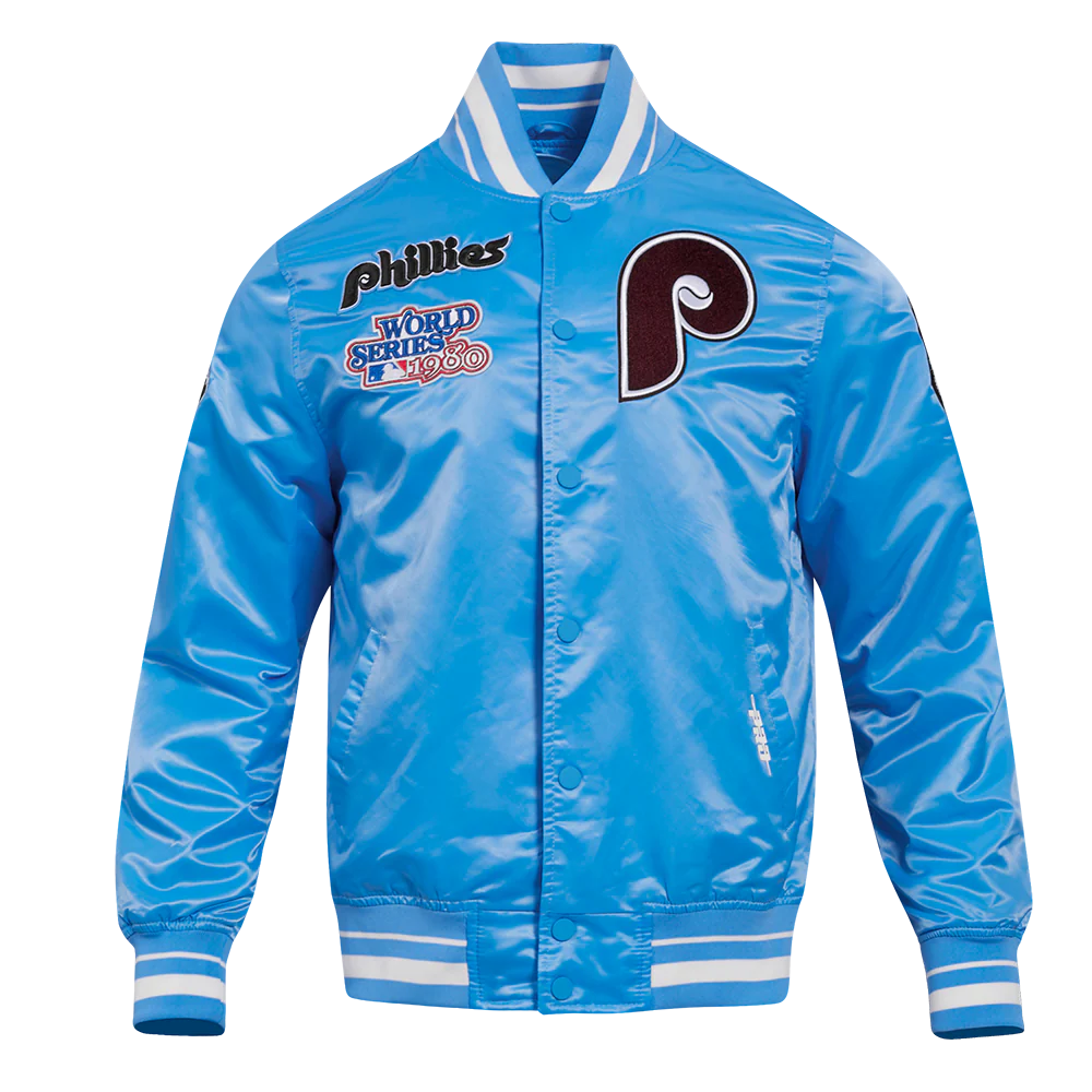 MLB PHILADELPHIA PHILLIES RETRO CLASSIC MEN'S RIB SATIN JACKET (UNIVERSITY BLUE)
