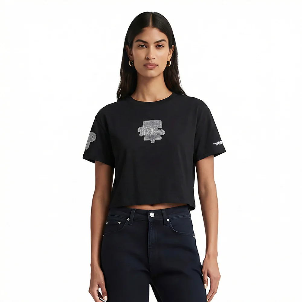 MLB PHILADELPHIA PHILLIES REVERSE FRENCH TERRY WOMEN'S SINGLE JERSEY BOXY TOP (BLACK)
