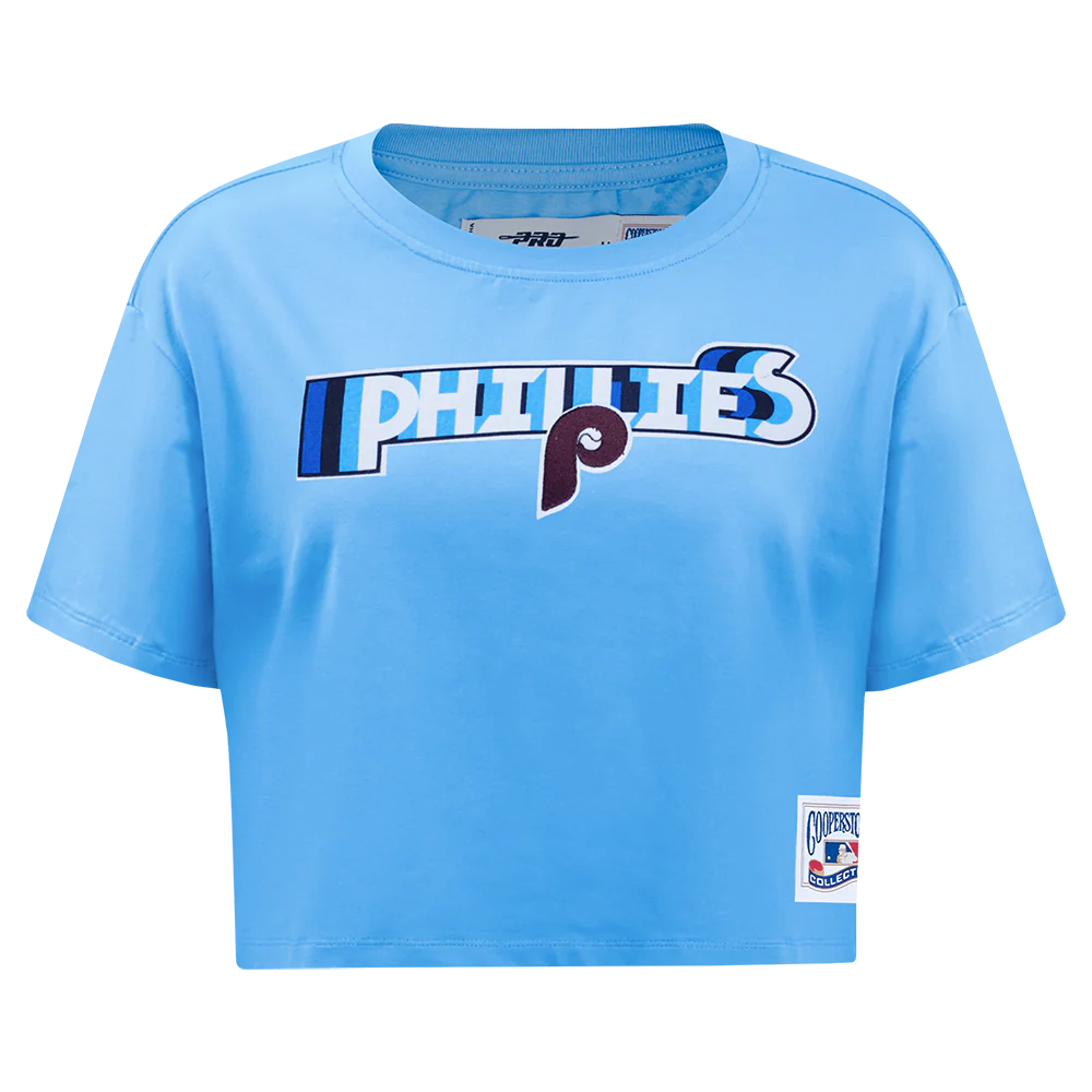 MLB PHILADELPHIA PHILLIES RETRO ELEVATION WOMEN'S SINGLE JERSEY BOXY TOP (UNIVERSITY BLUE)