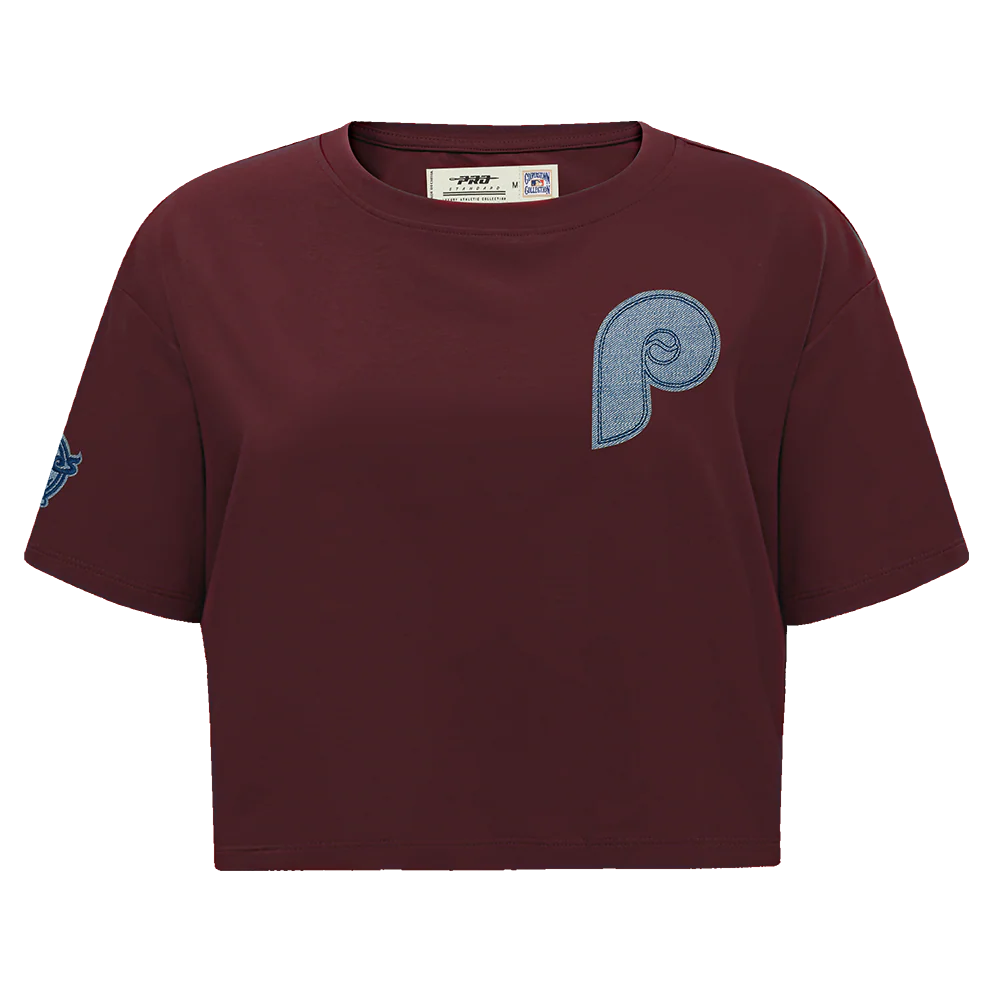 MLB PHILADELPHIA PHILLIES VARSITY BLUES WOMEN'S BOXY TOP (WINE)