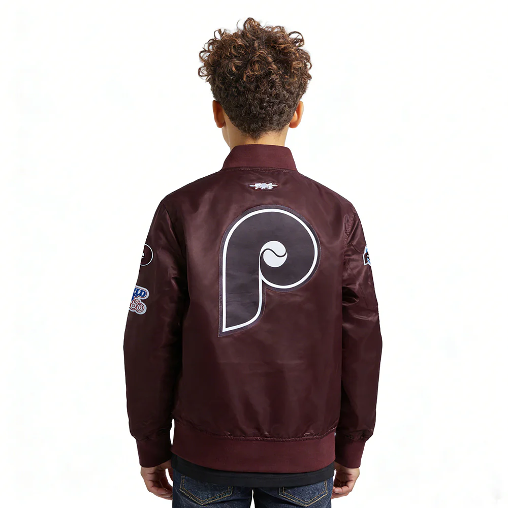 MLB PHILADELPHIA PHILLIES CLASSIC CHENILLE BIG BOY'S SATIN JACKET (WINE) - Image 2