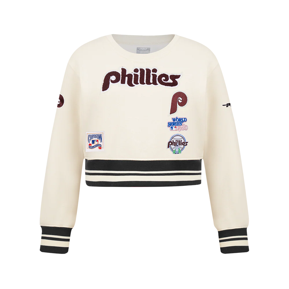 MLB PHILADELPHIA PHILLIES RETRO CLASSIC BIG GIRLS RIB FLEECE CREWNECK (EGGSHELL/ BLACK)