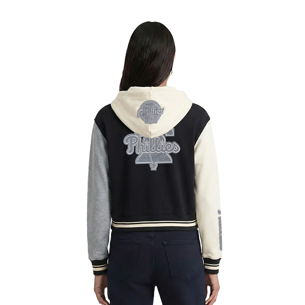 MLB PHILADELPHIA PHILLIES REVERSE FRENCH TERRY WOMEN'S COLOR BLOCK FLEECE FULL ZIP HOODIE (BLACK/GRAY/EGGSHELL) - Image 2