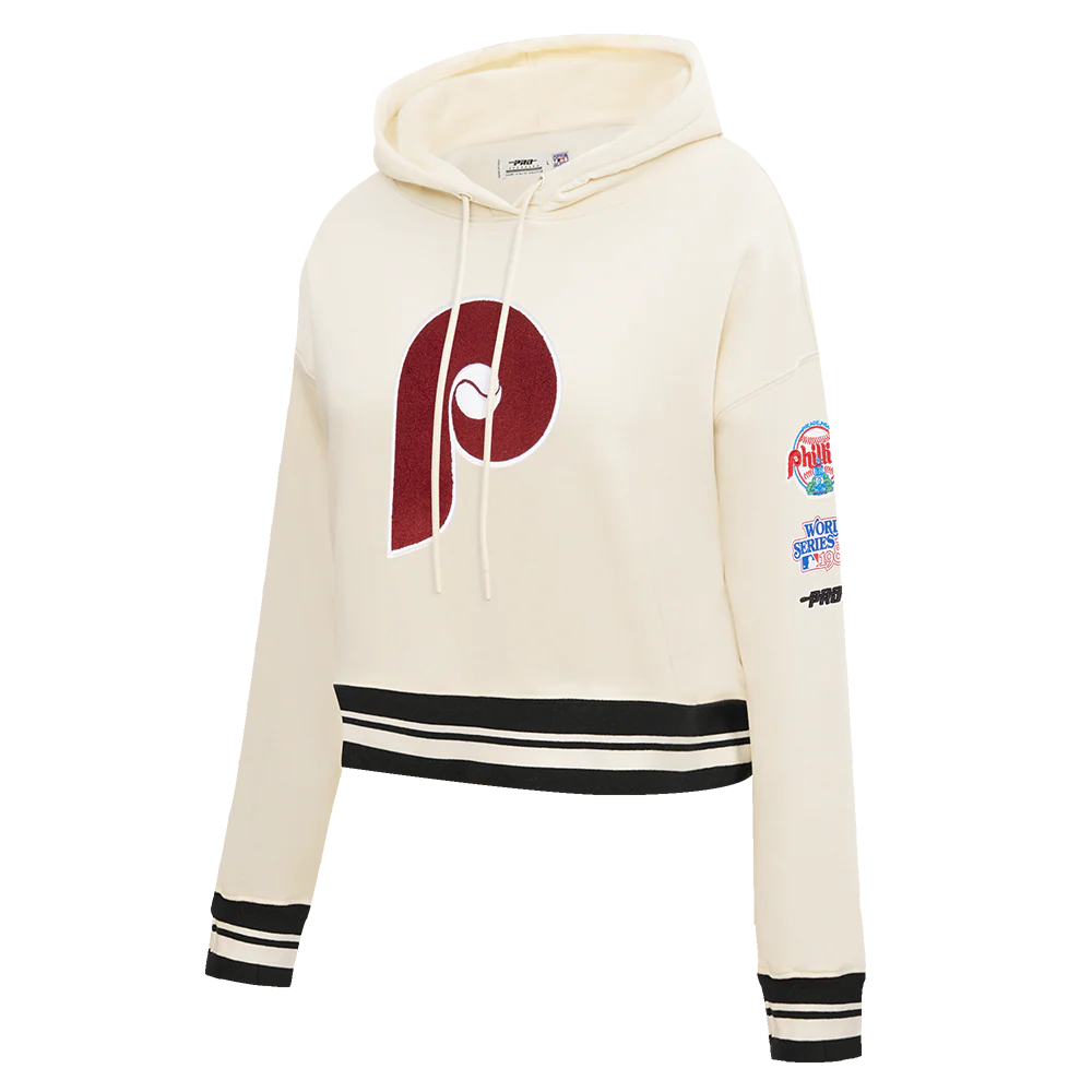 MLB PHILADELPHIA PHILLIES RETRO CLASSICS WOMEN'S CROPPED PULLOVER HOODIE (EGGSHELL/ BLACK) - Image 3