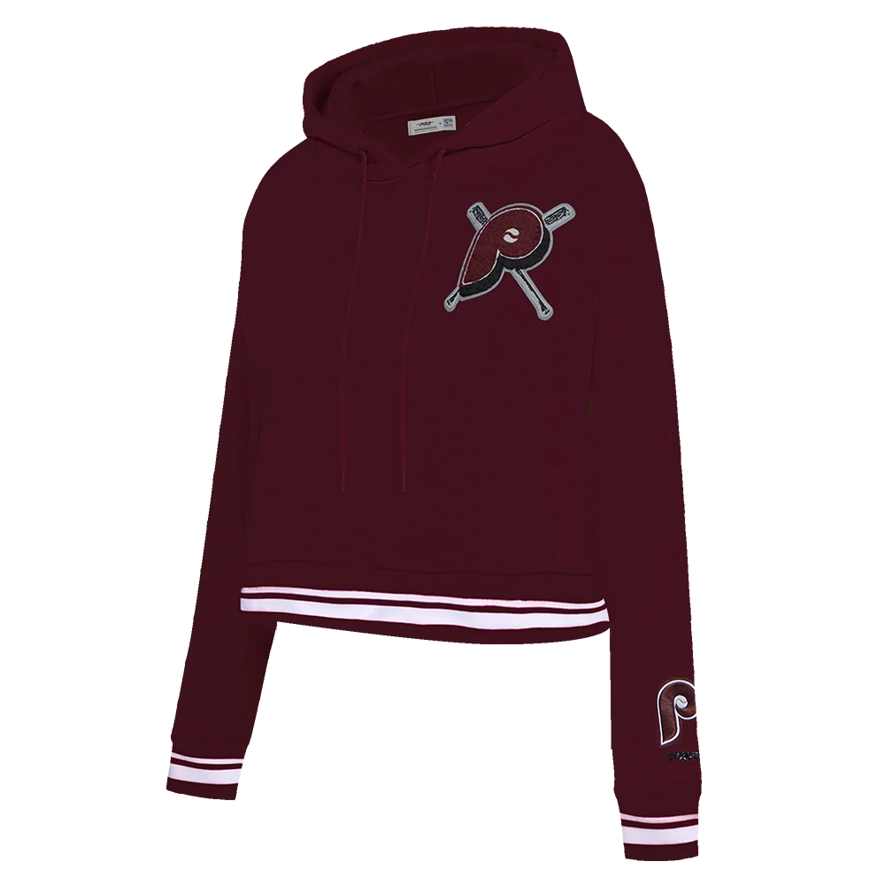 MLB PHILADELPHIA PHILLIES RETRO MASHUP WOMEN'S RIB CROPPED PO HOODI (WINE) - Image 2