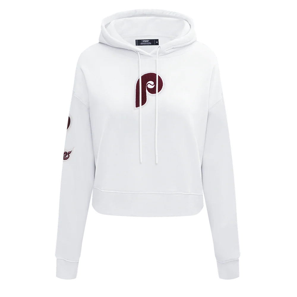 MLB PHILADELPHIA PHILLIES RETRO CLASSIC WOMEN'S CROPPED PULLOVER HOODIE (WHITE)