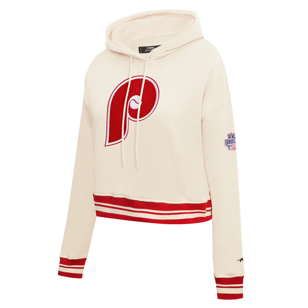 MLB PHILADELPHIA PHILLIES RETRO CLASSIC WOMEN'S CROPPED PULLOVER HOODIE (EGGSHELL/ RED) - Image 2