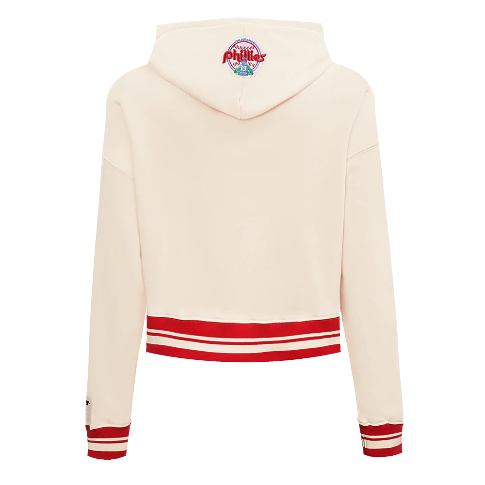 MLB PHILADELPHIA PHILLIES RETRO CLASSIC WOMEN'S CROPPED PULLOVER HOODIE (EGGSHELL/ RED) - Image 3