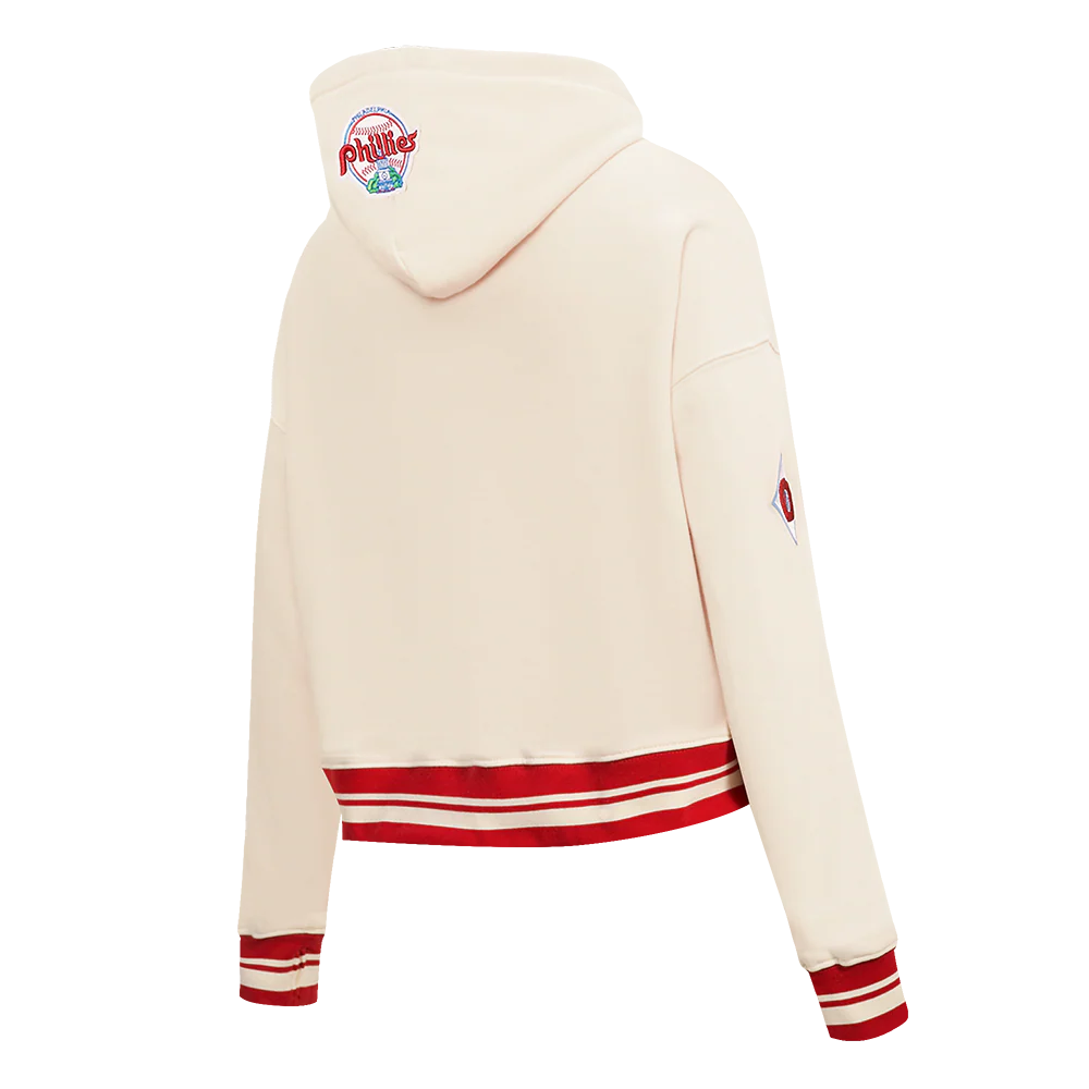 MLB PHILADELPHIA PHILLIES RETRO CLASSIC WOMEN'S CROPPED PULLOVER HOODIE (EGGSHELL/ RED) - Image 4
