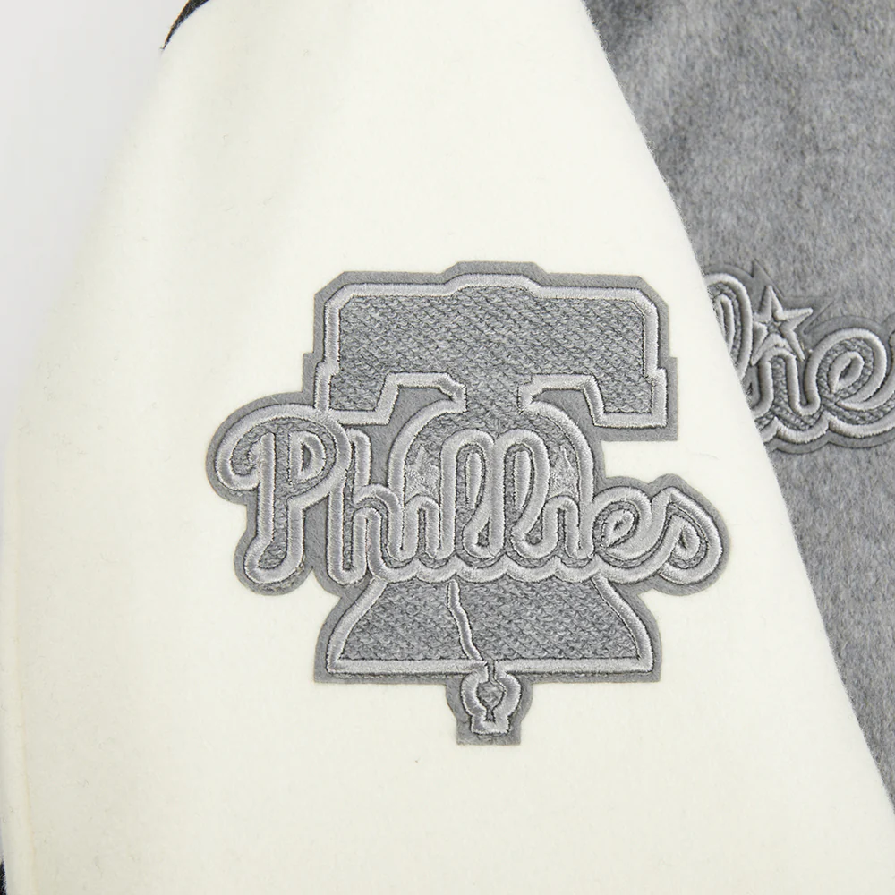 MLB PHILADELPHIA PHILLIES REVERSE FRENCH TERRY WOMEN'S WOOL VARSITY JA (BLACK/GRAY/EGGSHELL) - Image 12