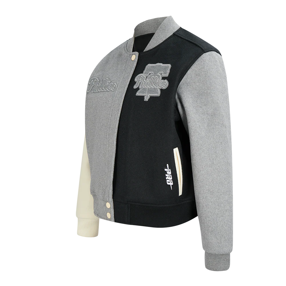 MLB PHILADELPHIA PHILLIES REVERSE FRENCH TERRY WOMEN'S WOOL VARSITY JA (BLACK/GRAY/EGGSHELL) - Image 6