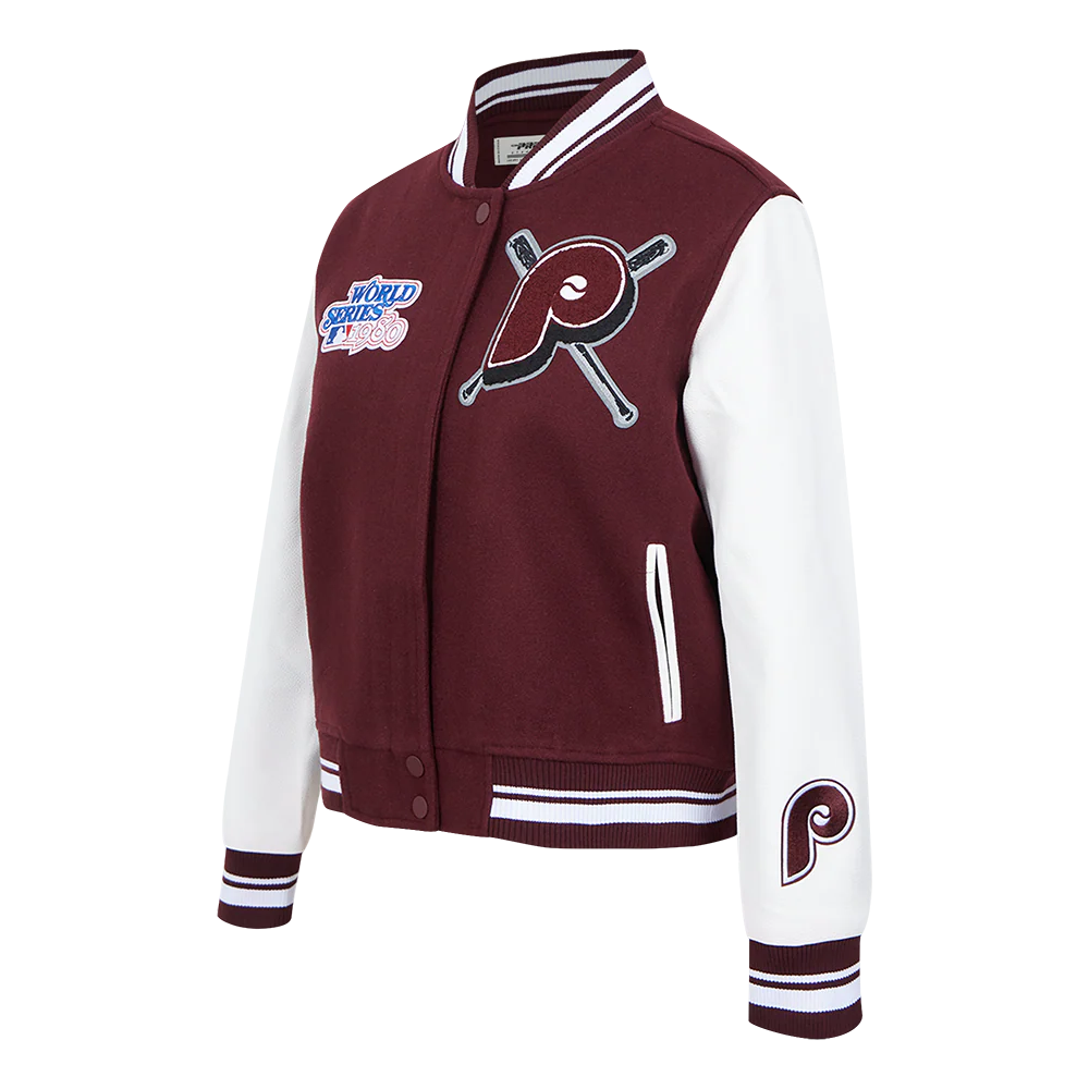 MLB PHILADELPHIA PHILLIES MASHUP WOMEN'S RIB WOOL VARSITY JACKET (WINE/WHITE) - Image 2