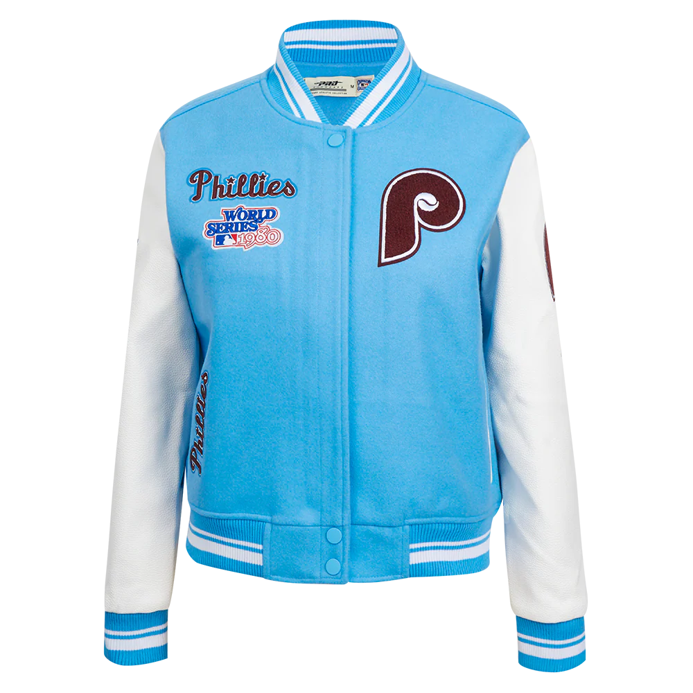 MLB PHILADELPHIA PHILLIES RETRO CLASSIC WOMEN'S RIB WOOL VARSITY JACKET (UNIVERSITY BLUE/WHITE)