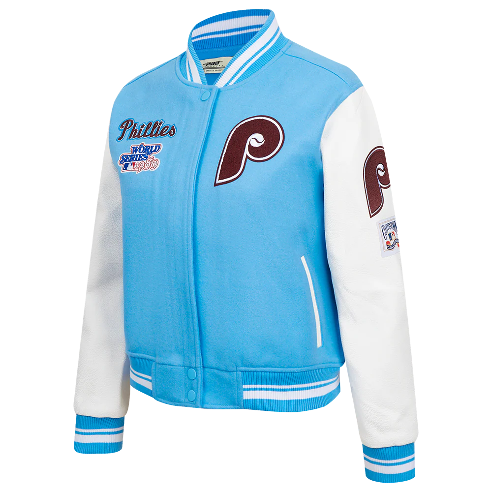 MLB PHILADELPHIA PHILLIES RETRO CLASSIC WOMEN'S RIB WOOL VARSITY JACKET (UNIVERSITY BLUE/WHITE) - Image 2