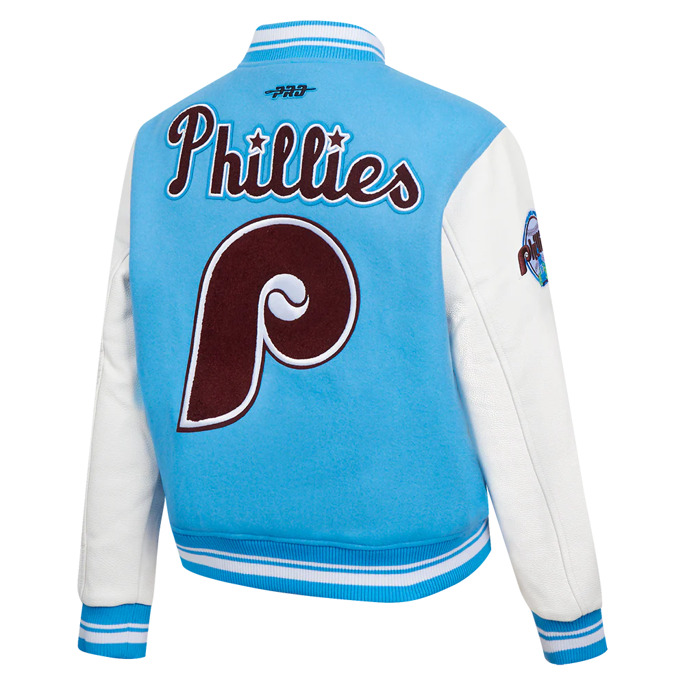MLB PHILADELPHIA PHILLIES RETRO CLASSIC WOMEN'S RIB WOOL VARSITY JACKET (UNIVERSITY BLUE/WHITE) - Image 4