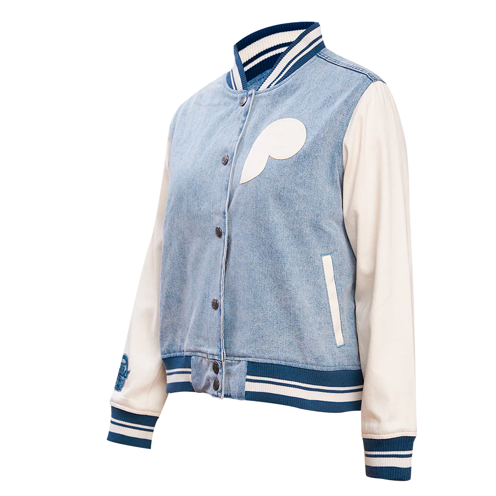 MLB PHILADELPHIA PHILLIES VARSITY BLUES WOMEN'S DENIM VARSITY JACKET (DENIM/LINEN) - Image 2